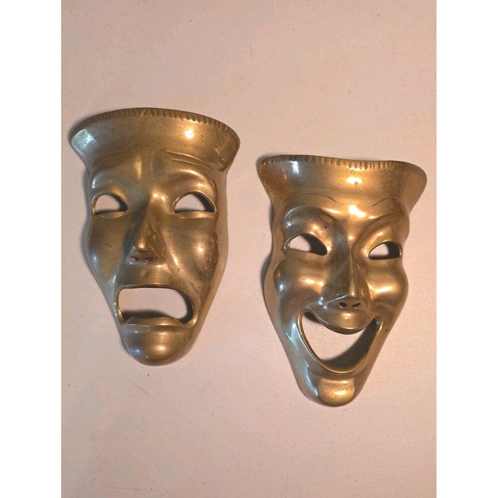 Pair Vtg 7” Solid Brass Wall Hanging Drama Theatre Style Face Masks Happy & Sad